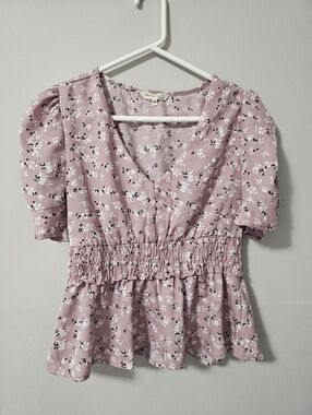 Indulge Instyle Pink Ditsy Floral Smocked Waist Blouse Size Small